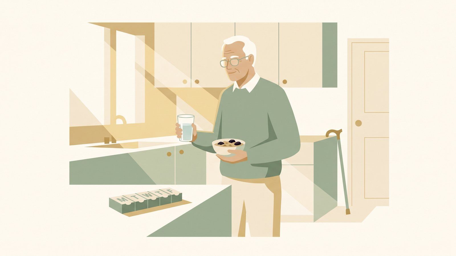 Illustration of an older man in a bright kitchen holding a glass of water and a bowl of prunes and oats, a weekly pill organizer on the counter and a cane by the door