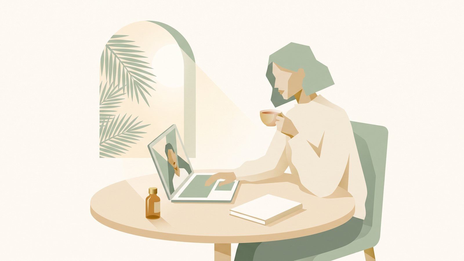 Illustration of a woman at her kitchen table on a laptop video call with a notebook, a cup of tea and a small amber remedy bottle, palm leaves outside the window
