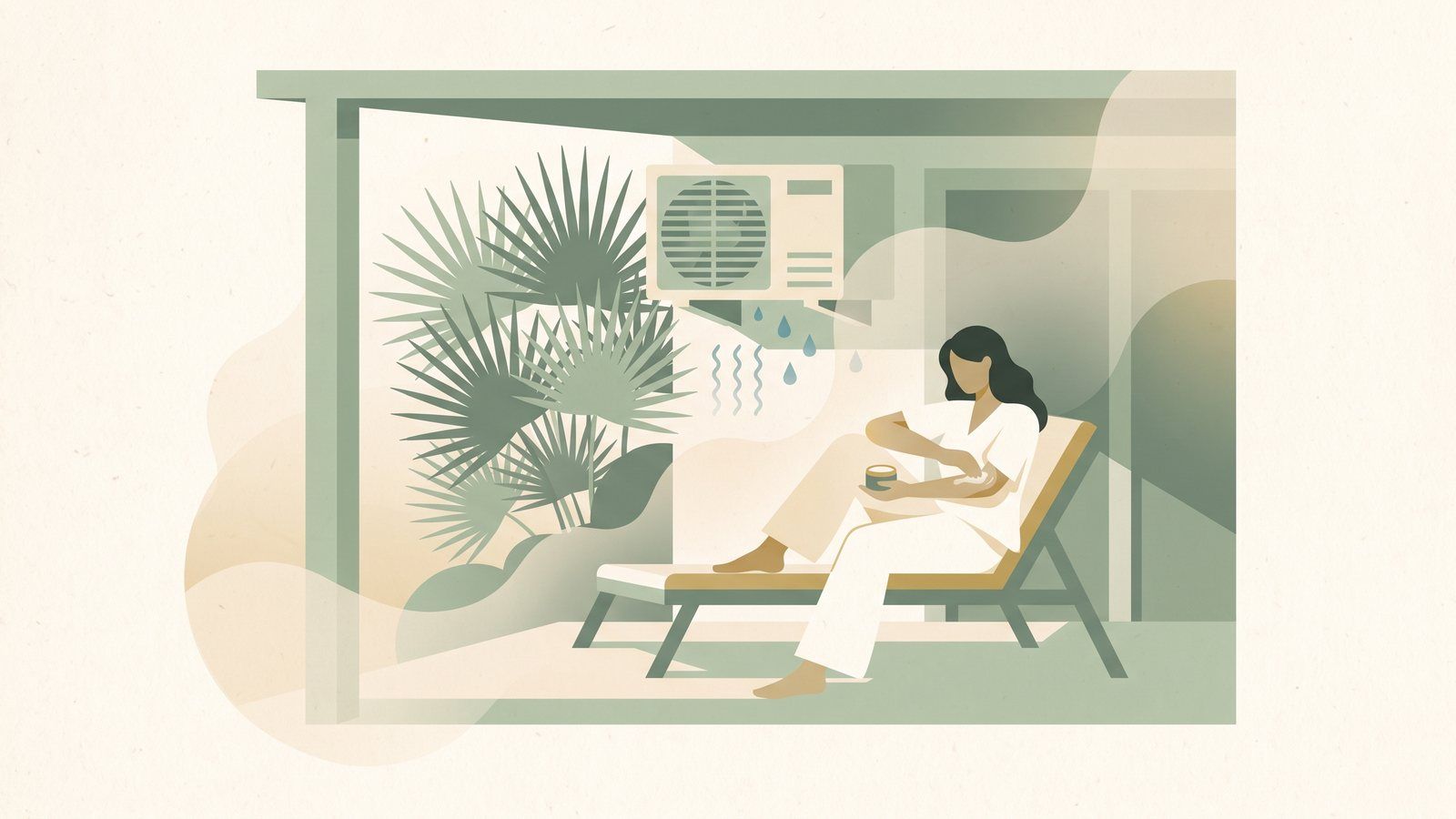 Illustration of a woman on a shaded Florida porch applying cream to the inside of her elbow in hazy summer air, with an air-conditioner unit and palmetto fronds behind her