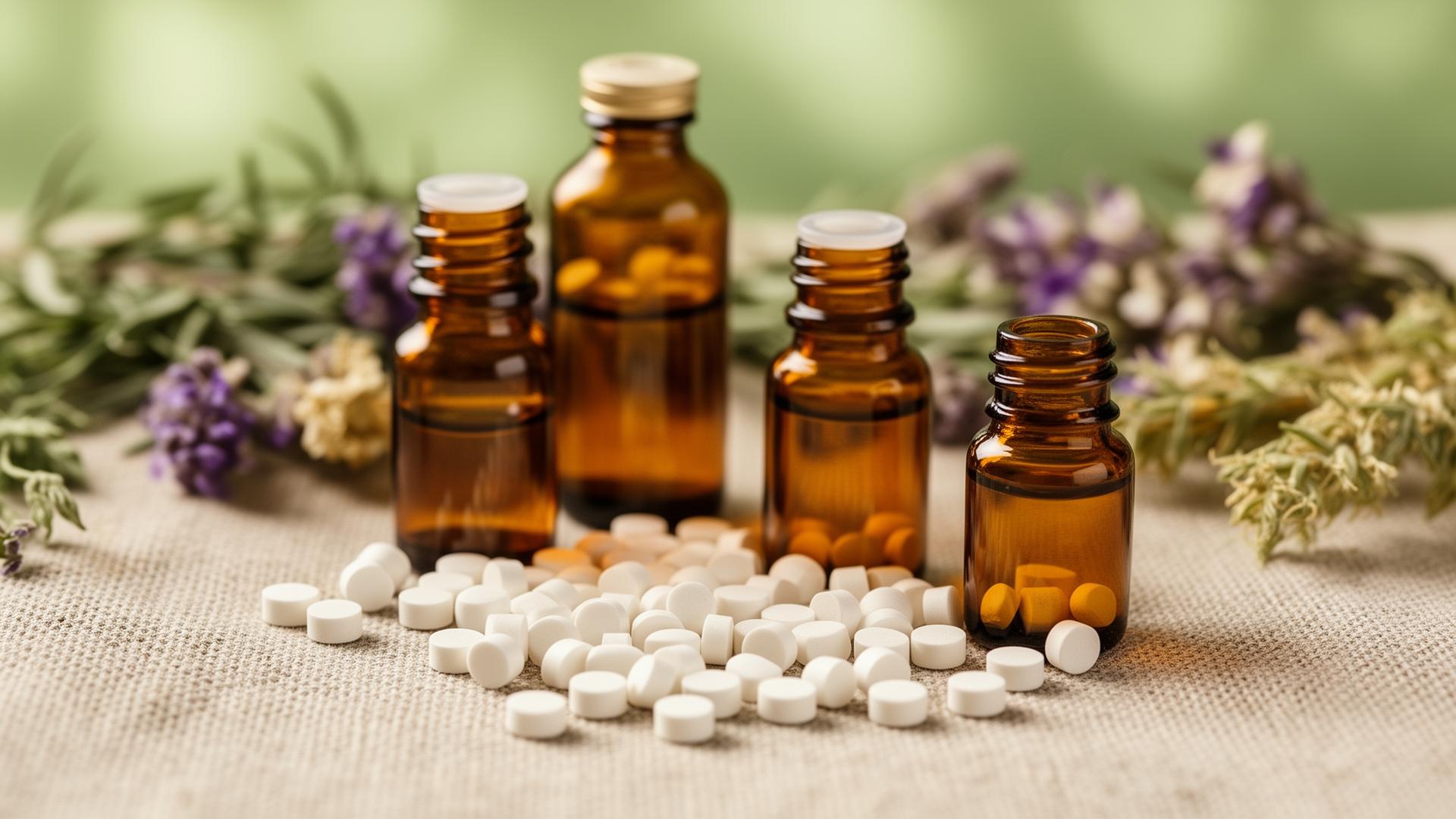 Homeopathic remedy bottles with natural herbs and pellets