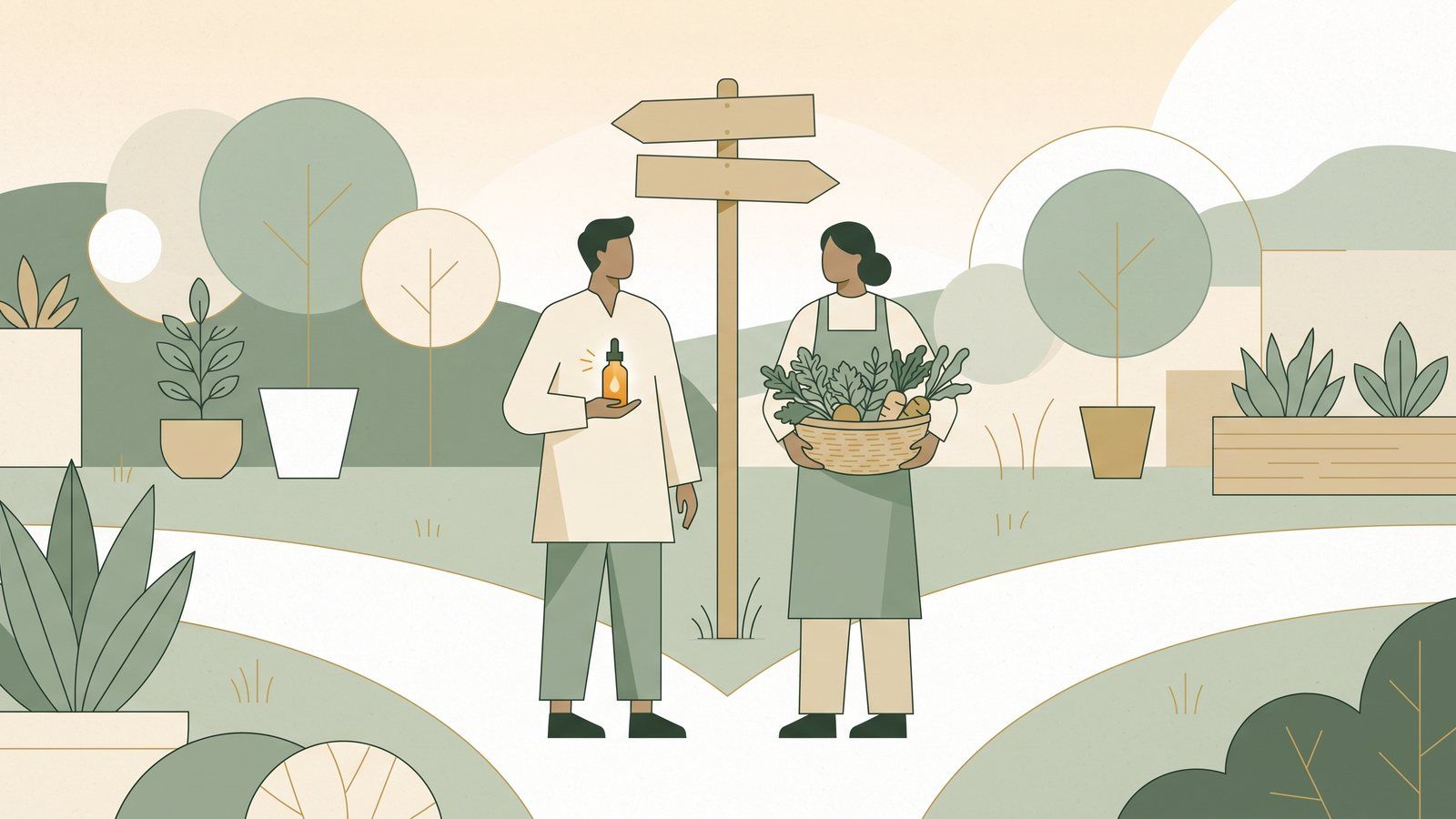 Illustration of two practitioners at a fork in a garden path, one holding an amber dropper bottle of homeopathic pellets and the other a basket of fresh herbs