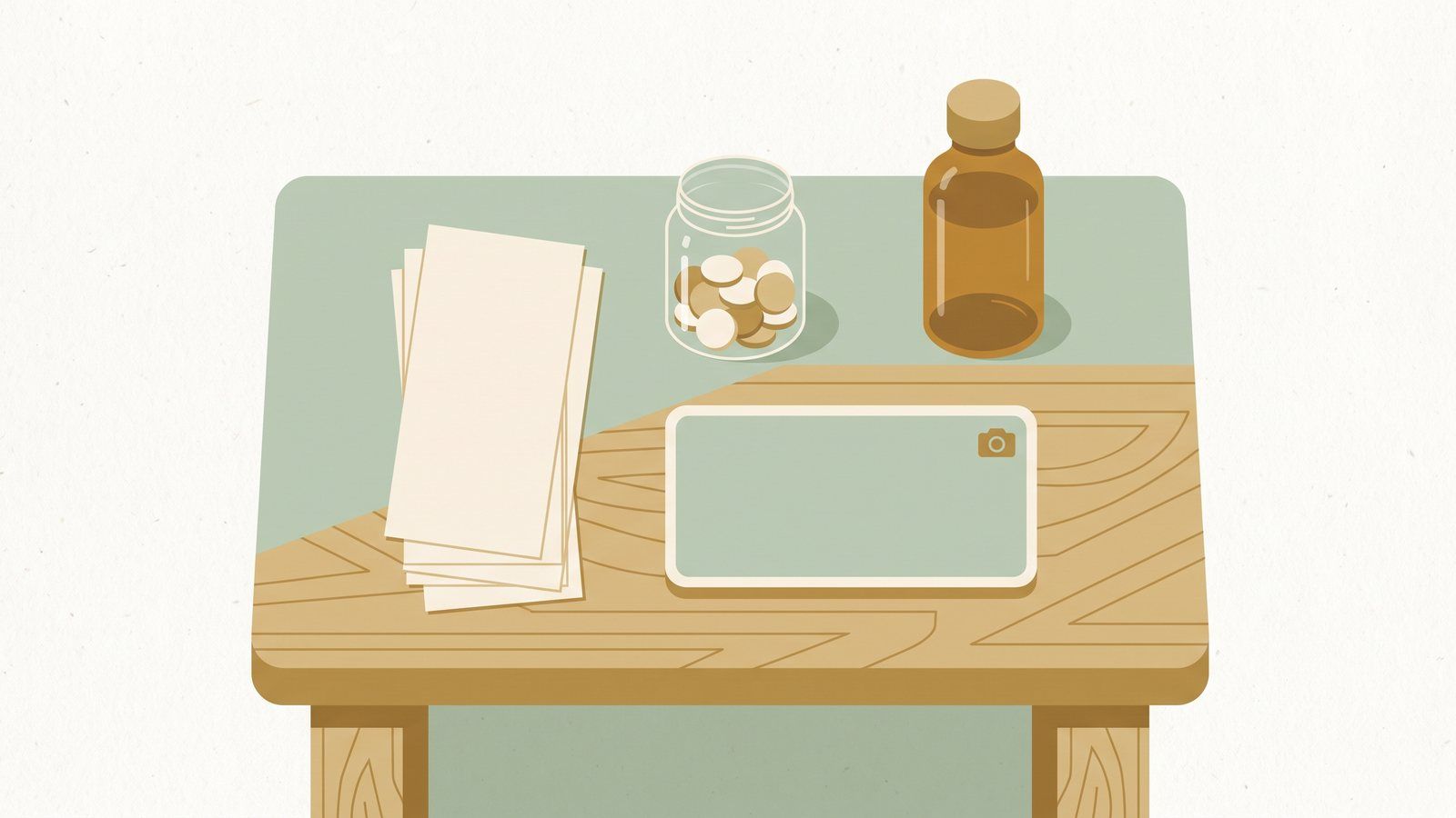 Illustration viewed from above of a wooden desk with a stack of receipts, a jar of coins, a phone showing a blank video-call screen and an amber remedy bottle