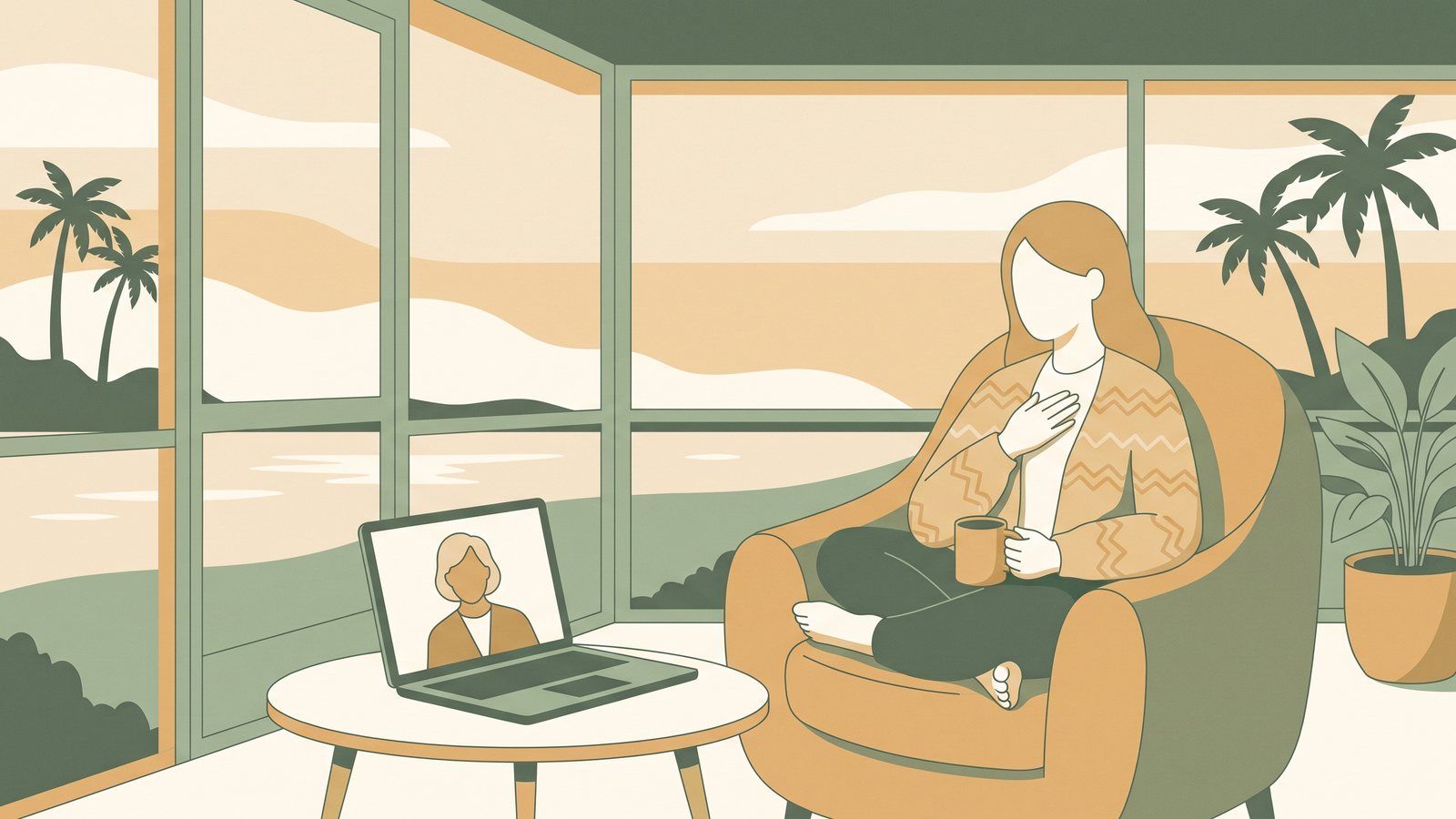 Illustration of a woman in a cardigan curled in an armchair on a screened Florida porch at dusk, hand on her chest and tea in hand, talking with a listening practitioner on a laptop video call