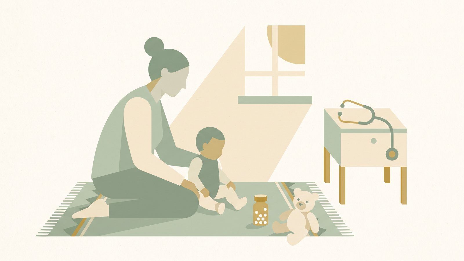 Illustration of a parent kneeling beside a toddler in a sunny living room with a tiny vial of white homeopathic pellets, a stuffed toy and a pediatric stethoscope nearby