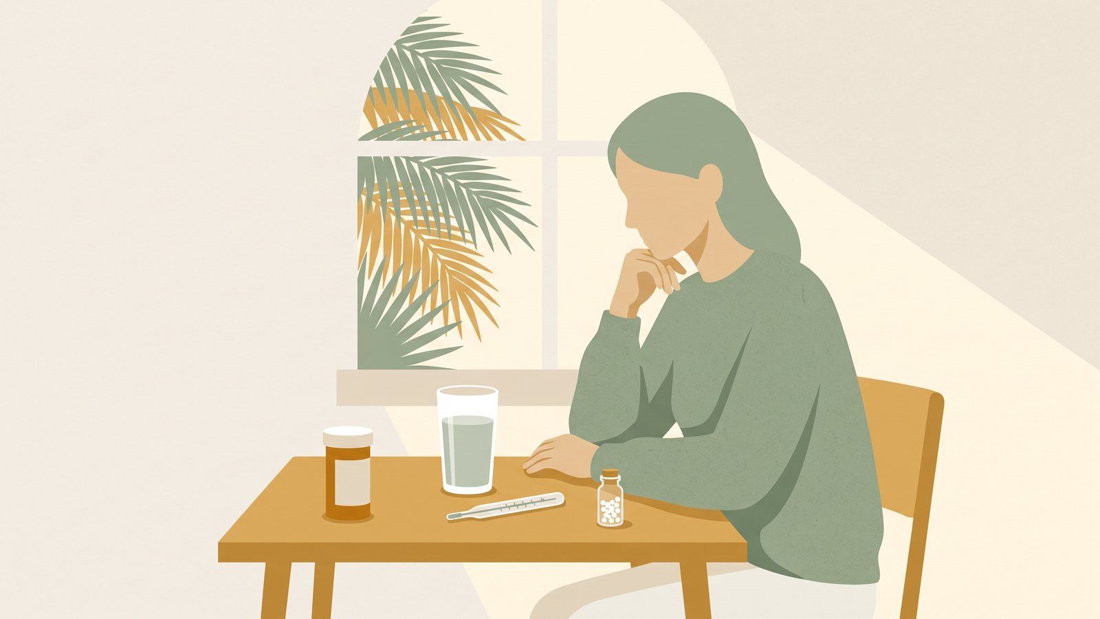 Illustration of a woman at a kitchen table weighing an amber prescription bottle against a small vial of white homeopathic pellets, with a glass of water and a thermometer between them and palm fronds in the window behind