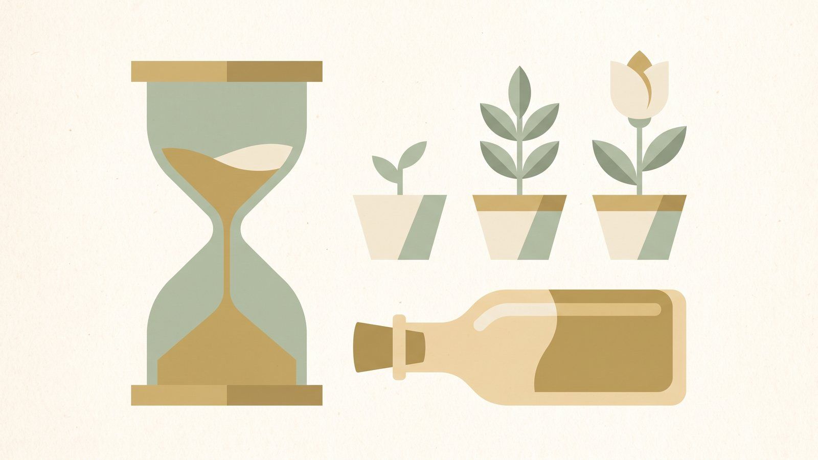 Illustration of an hourglass beside a potted plant shown at three stages from seedling to bloom, with an amber remedy bottle at its base