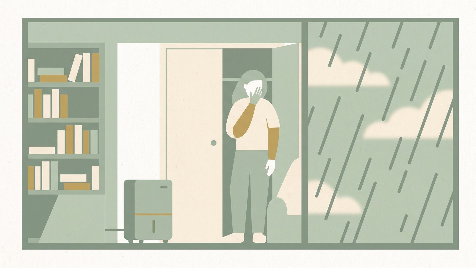 Illustration of a Florida afternoon thunderstorm through a living room window while a dehumidifier runs indoors and a person opens a closet with a hand raised to their nose