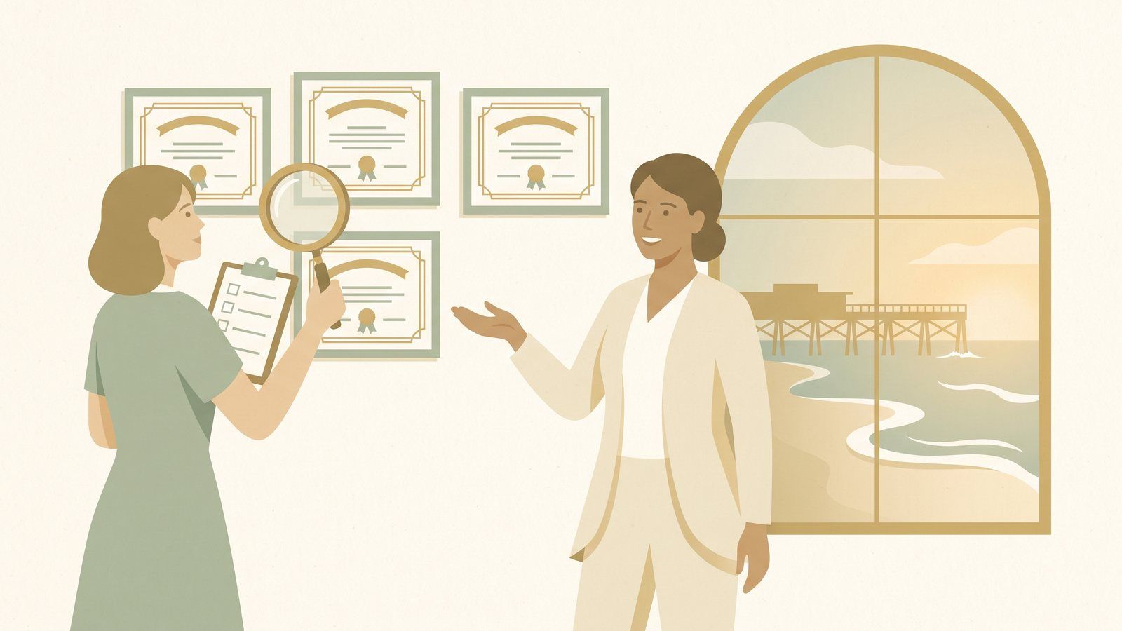 Illustration of a woman with a clipboard and magnifying glass examining framed certificates on a wall while a practitioner beside her gestures openly, the Ormond Beach pier visible through an arched window