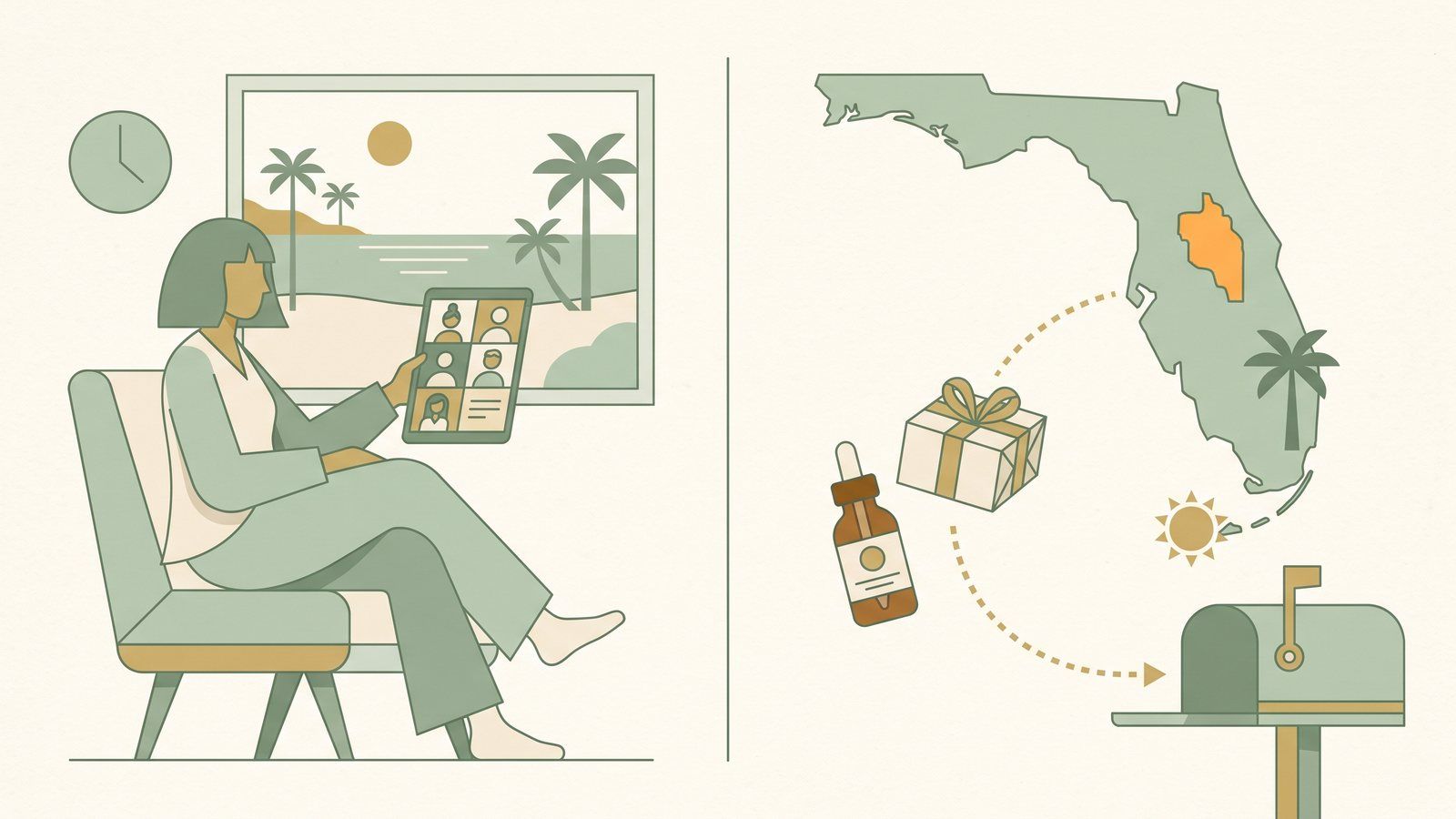 Illustration split in two: a woman on a video call in a beach house living room, and a small parcel with an amber remedy bottle traveling across a map of Florida to her mailbox