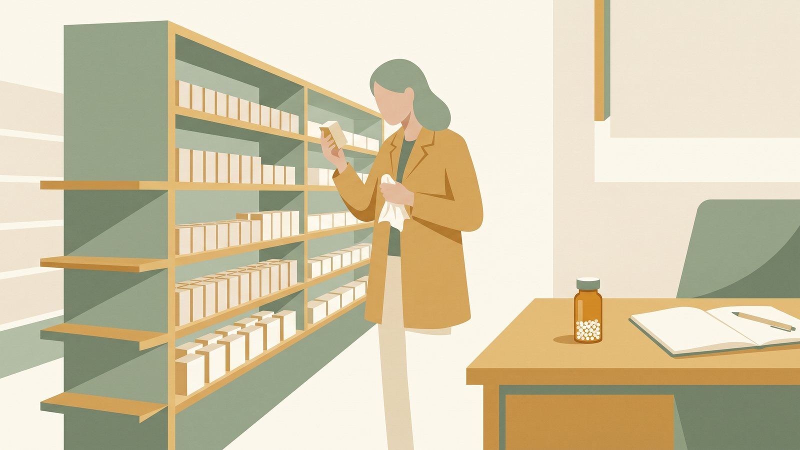 Illustration of a woman holding a tissue in a pharmacy aisle, studying a plain box from a shelf of identical boxes, while a single amber vial of pellets sits on a practitioner's desk with an open notebook in the foreground