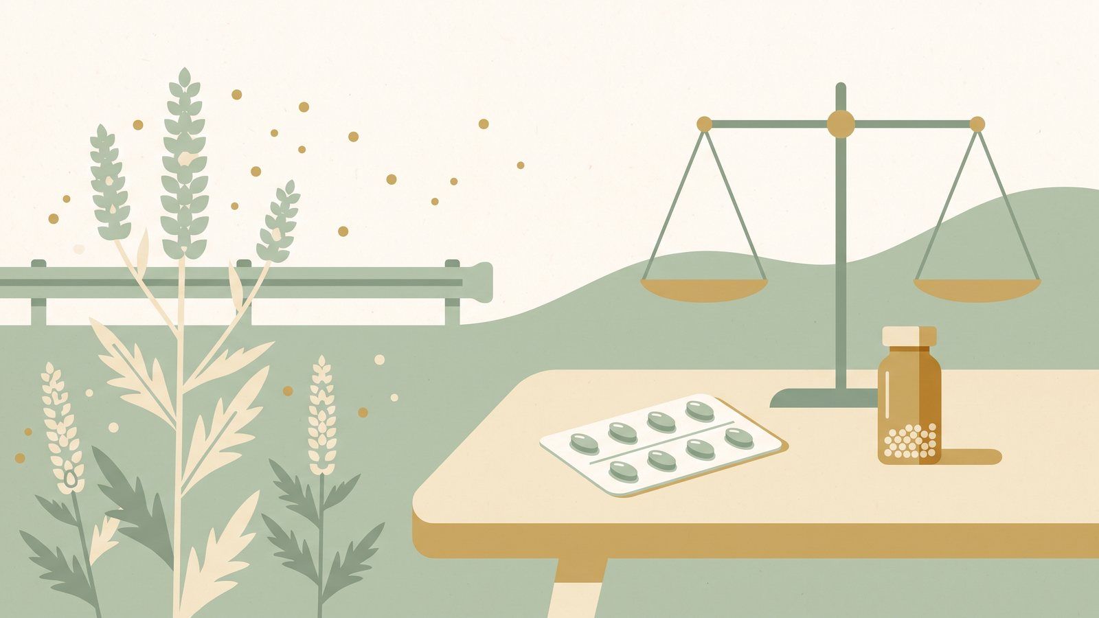 Illustration of ragweed releasing pollen along a Florida roadside, with a blister pack of tablets and an amber vial of white pellets on a table in front of a balanced scale