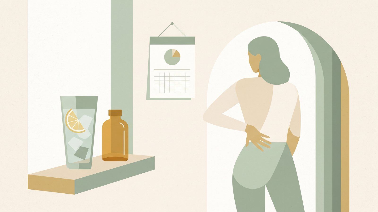 Illustration of a glass of lemon water on a sunny windowsill beside an empty amber prescription bottle, a calendar with a circled date, and a woman holding her lower back