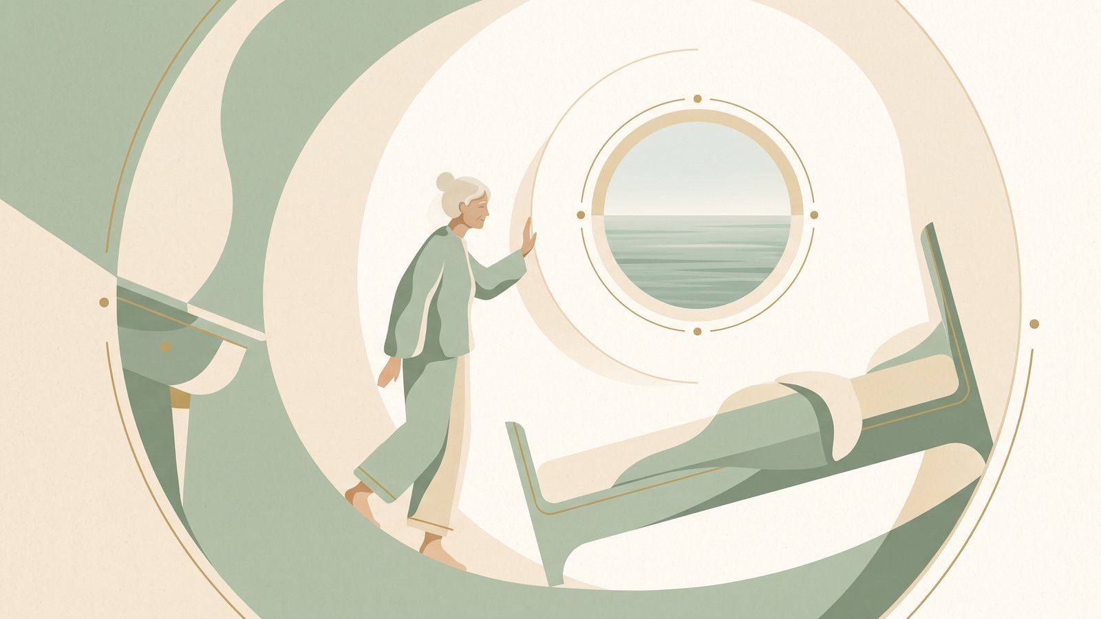Illustration of an older woman steadying herself against a bedroom wall as the room tilts around her while the ocean horizon through the window stays level