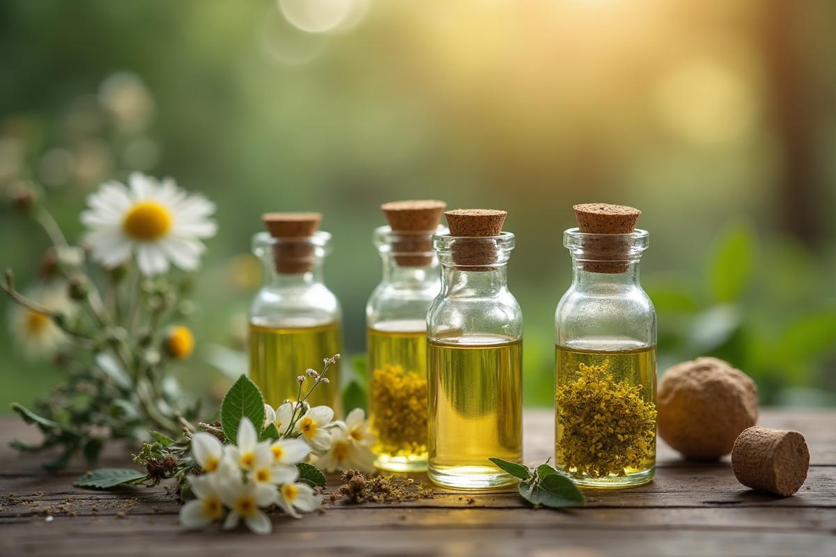 Homeopathic remedy bottles with natural herbs and flowers