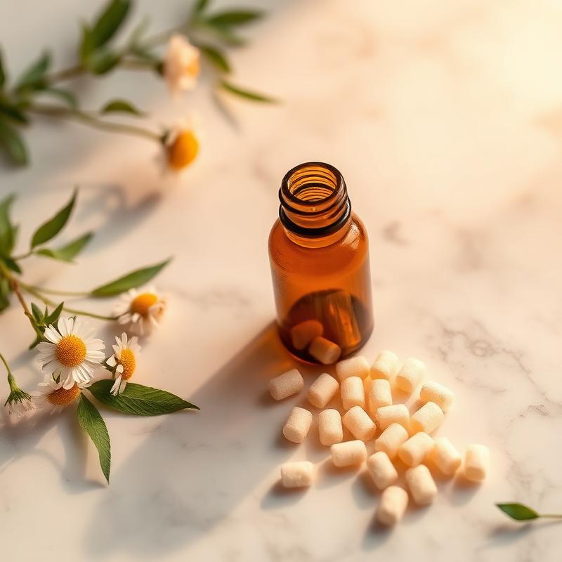 Homeopathic remedy pellets spilling from amber bottle with chamomile flowers