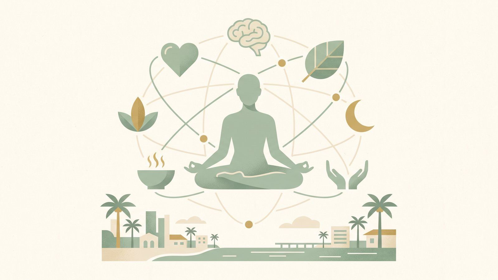Illustration of a calm seated figure at the center of orbiting icons for heart, mind, sleep, food, nature and touch, connected by flowing lines above a small coastal Florida skyline