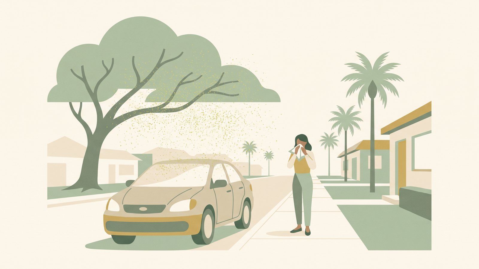 Illustration of a live oak dusting yellow-green pollen over a parked car on a quiet Ormond Beach street while a woman on the sidewalk dabs her nose