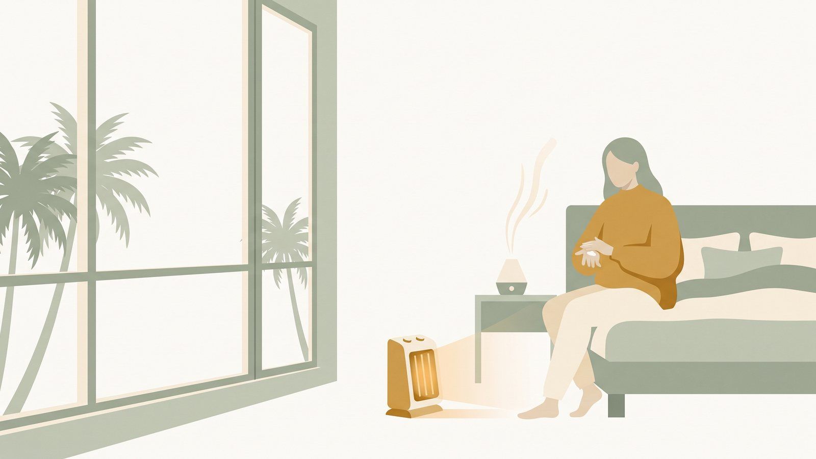 Illustration of a woman in a sweater on the edge of her bed rubbing cream into dry hands, a glowing space heater and misting humidifier beside her, palm trees under a clear winter sky outside the window